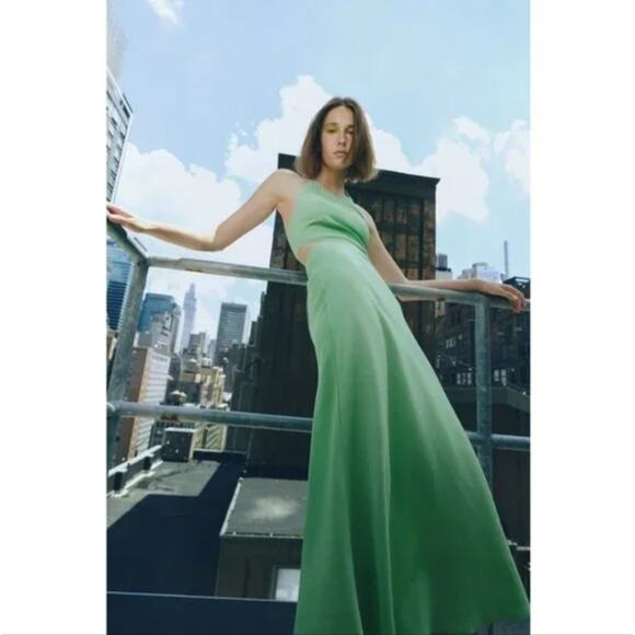 Zara Green Linen Blend Cut Out Maxi Dress Size Small Summer Vacation Resort Cute - Picture 1 of 8